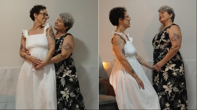 Mariana (de branco) e Adriana Brizeno se conheceram há cerca de 10 anos, em uma igreja evangélica. Hoje, são casadas